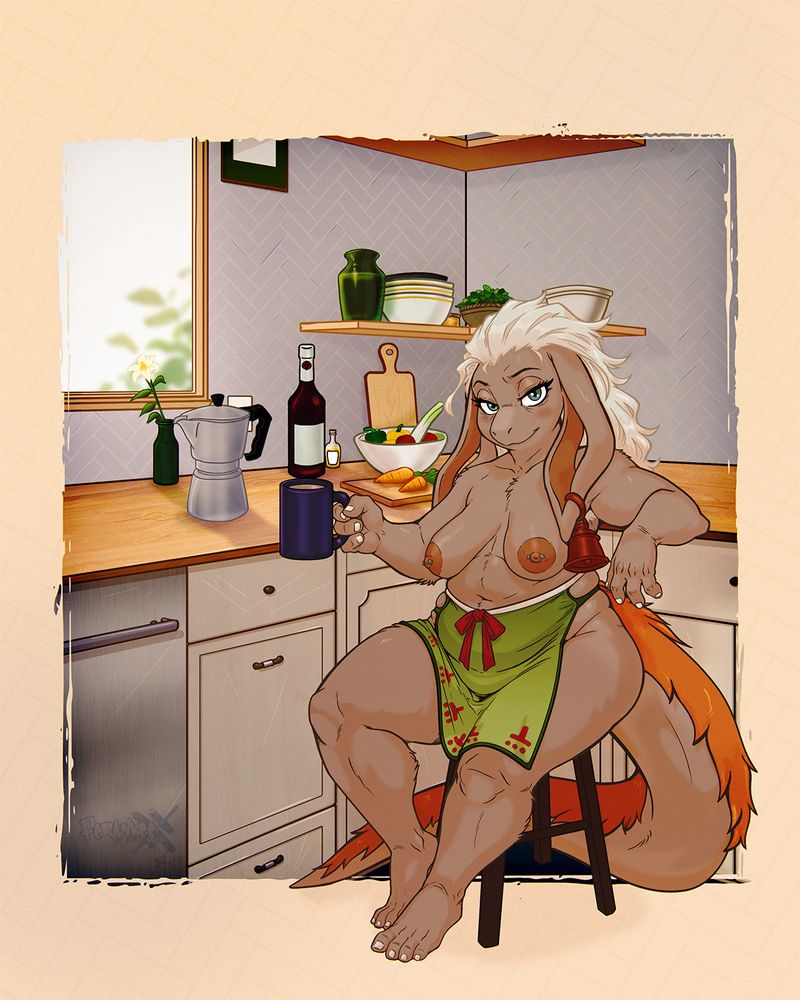 A female Numou sitting on a stool in a kitchen. She has light tan fur, long white hair, and large drooping ears, adorned with a bell earring. She is topless, wearing only a green apron tied at the waist with red patterns and a red ribbon. 

She holds a mug in her left hand, resting her right arm on the counter behind her. The kitchen has wooden countertops and white cabinets; On the counter are a moka pot, a bottle of wine, a green bottle with a single flower on it, a bowl of vegetables, a cutting board with carrots, a second board resting on th e wall and a small bottle of oil. Bowls, a small plant and a green jar sit in a shelf above the countertop. A window lets in daylight from the left side.