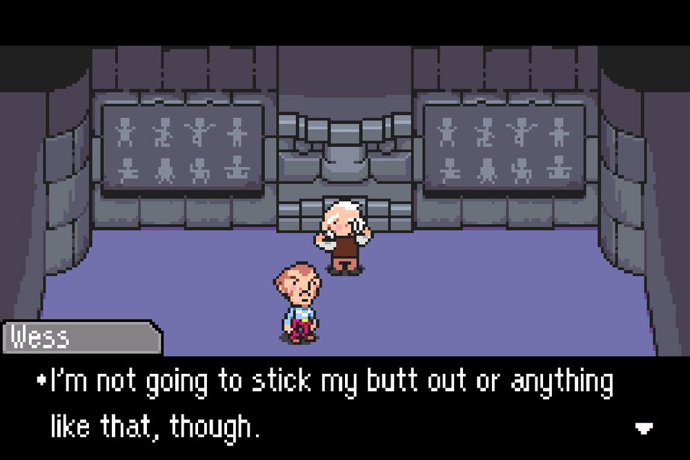 A screen shot from the video game Mother 3, which is a pixel art game.
It shows 2 characters, a man in a blue shirt and red pants, facing the camera, and an older man in brown facing away, looking back over his shoulder
They are in a stone chamber, in front of a face on the wall that looks as if it can open. On either side of the face are symbols that appear to demonstrate some sort of dance 
