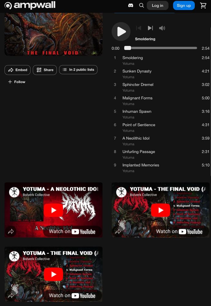 The Ampwall page for the album The Final Void by Yotuma, released by Bölverk Records, showing how three video embeds appear