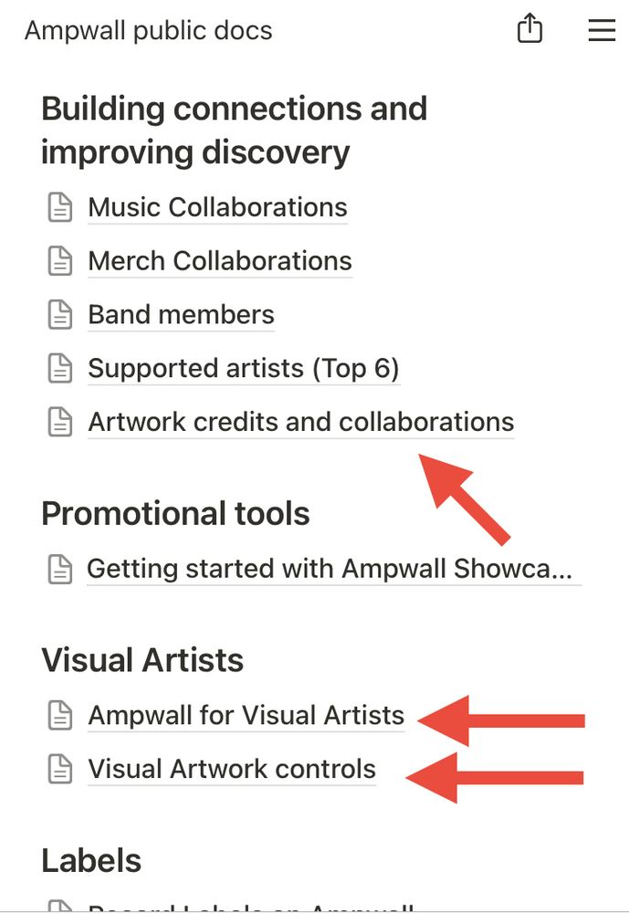 Screenshot of the Ampwall Public Docs page, with red arrows pointing at:

- Artwork credits and collaborations
- Ampwall for Visual Artists
- Visual Artwork controls