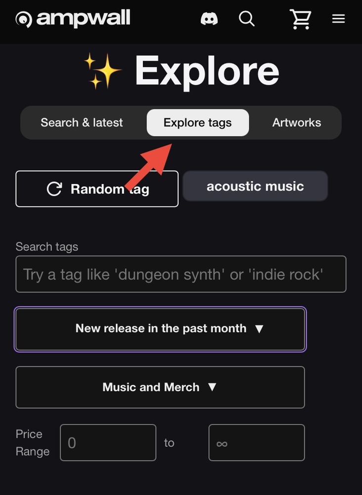 Ampwall.com/explore

With the "explore tags" button highlighted with a red arrow