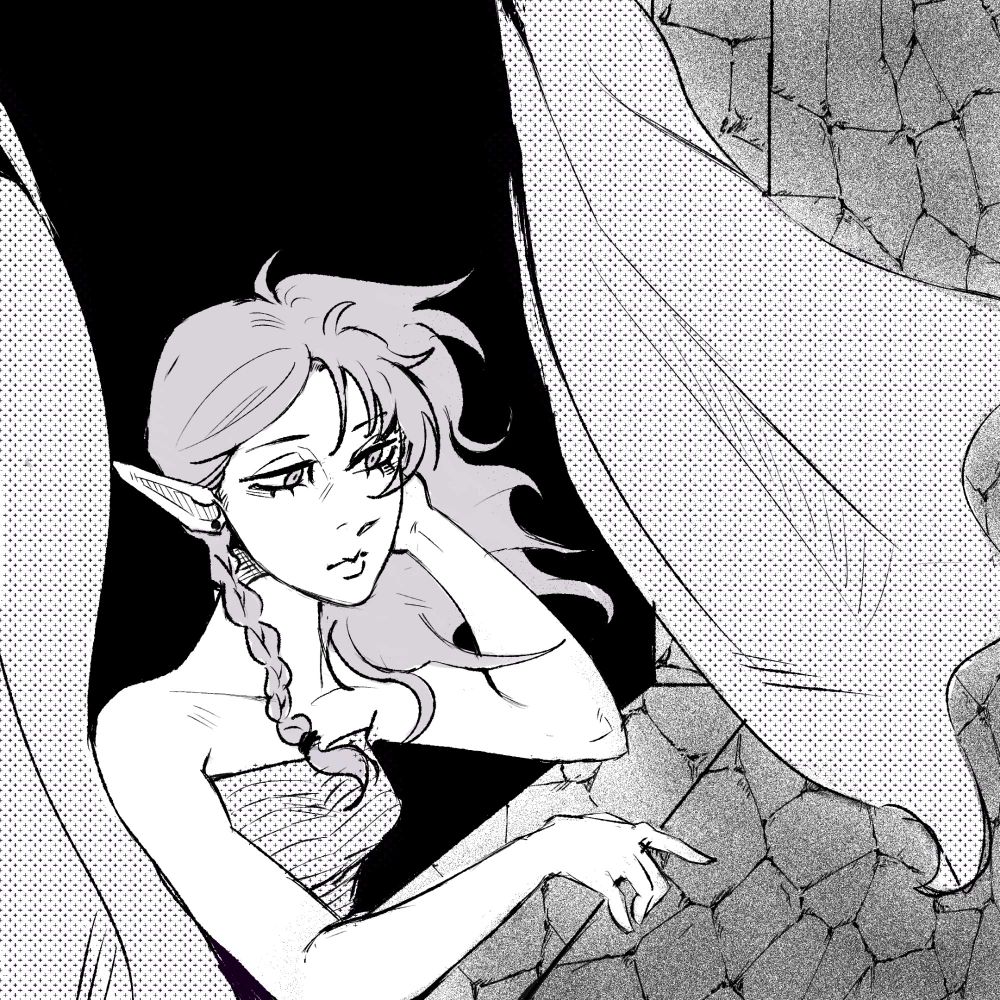 Drawing of a elf sitting by her window.