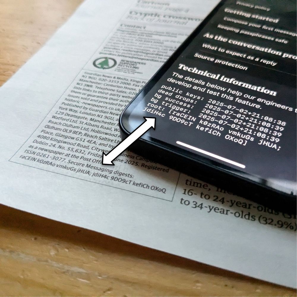 The picture shows a smartphone and the imprint of a newspaper. The smartphone displays a screen from the SecureMessaging feature showing a key digest. The newspaper imprint shows the same digest. The digest consists of a number of randomly-looking letters and digits.