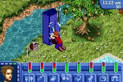 Someone fixing a refrigerator near a river outside with different needs fulfilled at the bottom