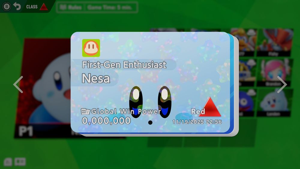 Texr: First-Gen Enthusiast Nesa with a global win power of nothing. 

Photo: Blue sparkling Kirby with a red triangle on a card.