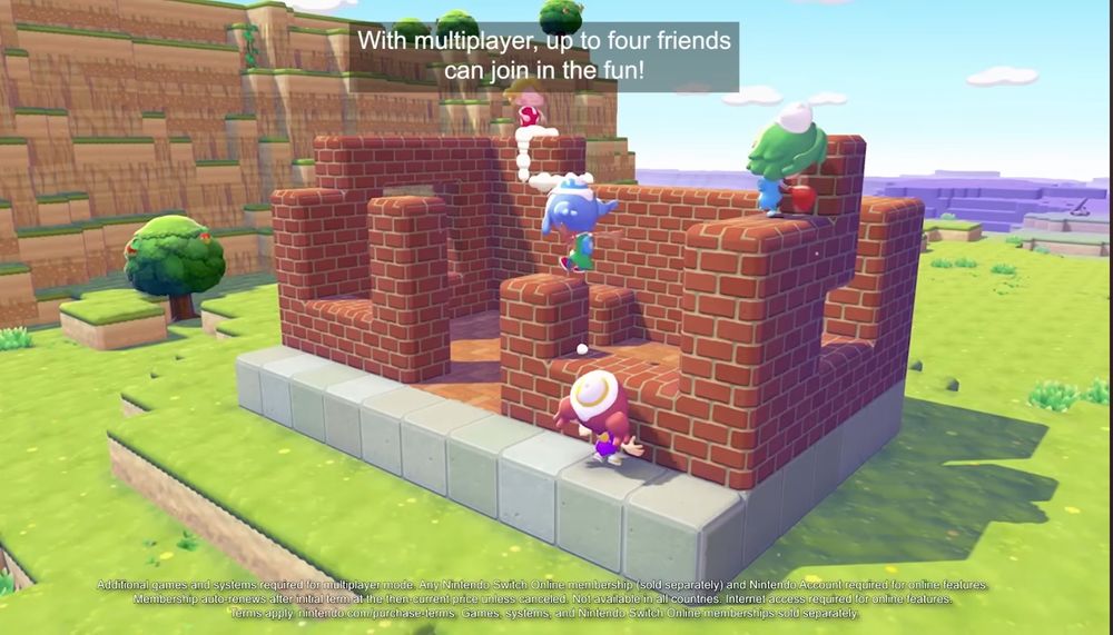 Four ditto friends working together to build a house with the text: with multiplayer, up to four friends can join in the fun!