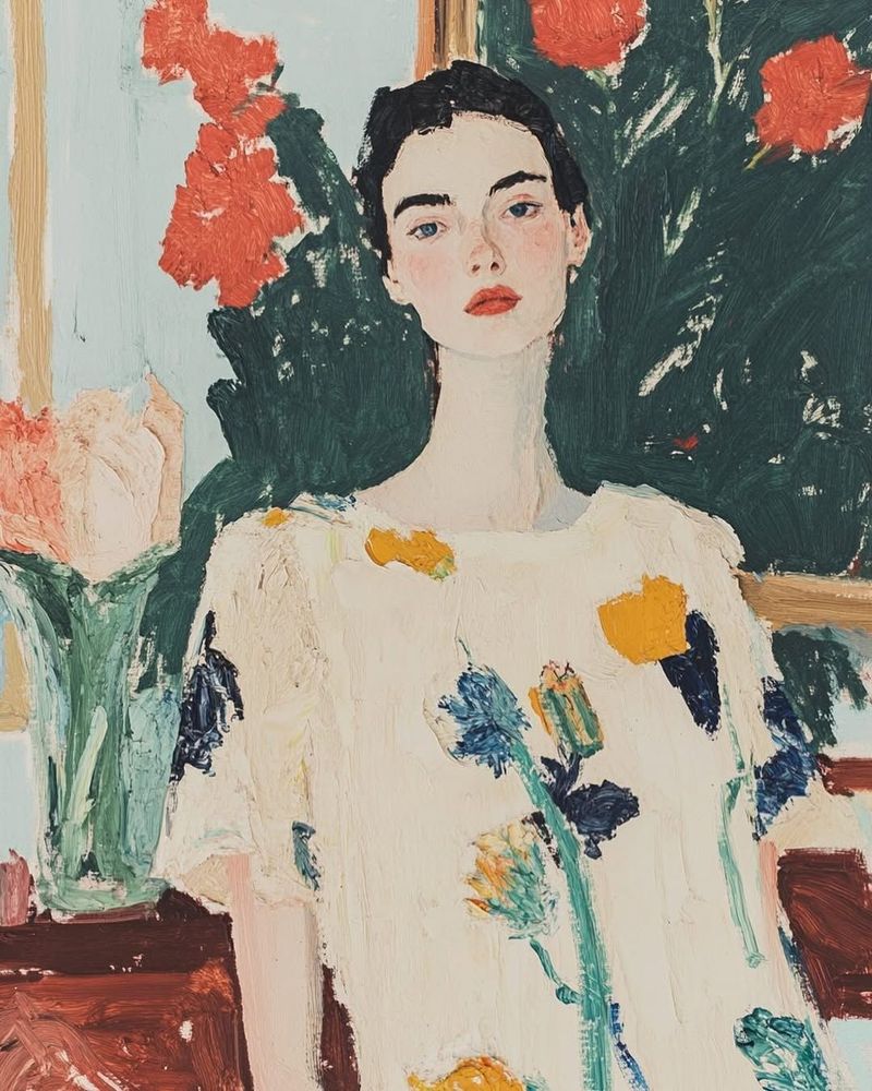 A portrait in the style of early Klimt of a young woman with short dark hair, blue eyes and red lipstick looking directly at the viewer. She's wearing a cream coloured dress, with large flowers and portraits of flowers behind her.