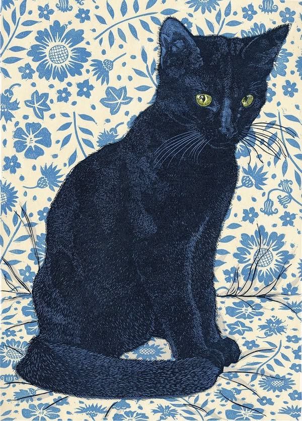A linocut of a black cat, deeply detailed, sitting on a blue and white flowered couch. Each hair can be seen, and its eyes are a vivid emerald green.