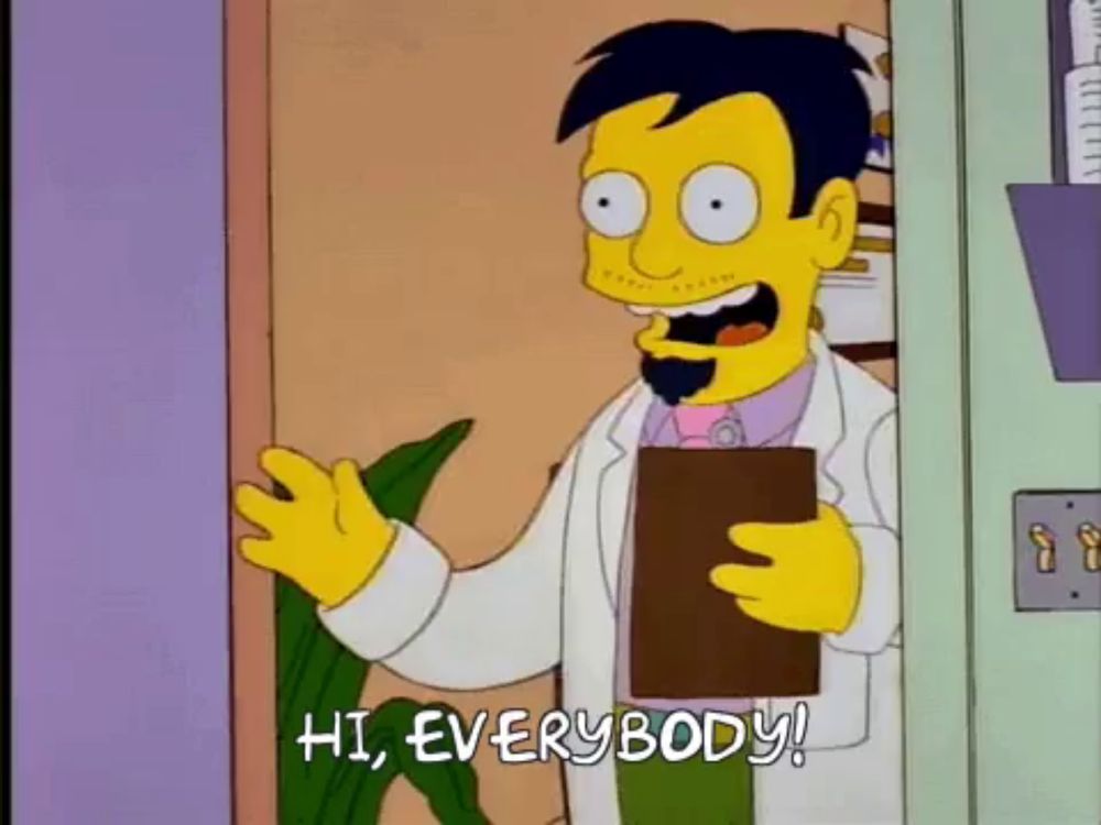 a cartoon character from the simpsons is holding a clipboard and says hi everybody .