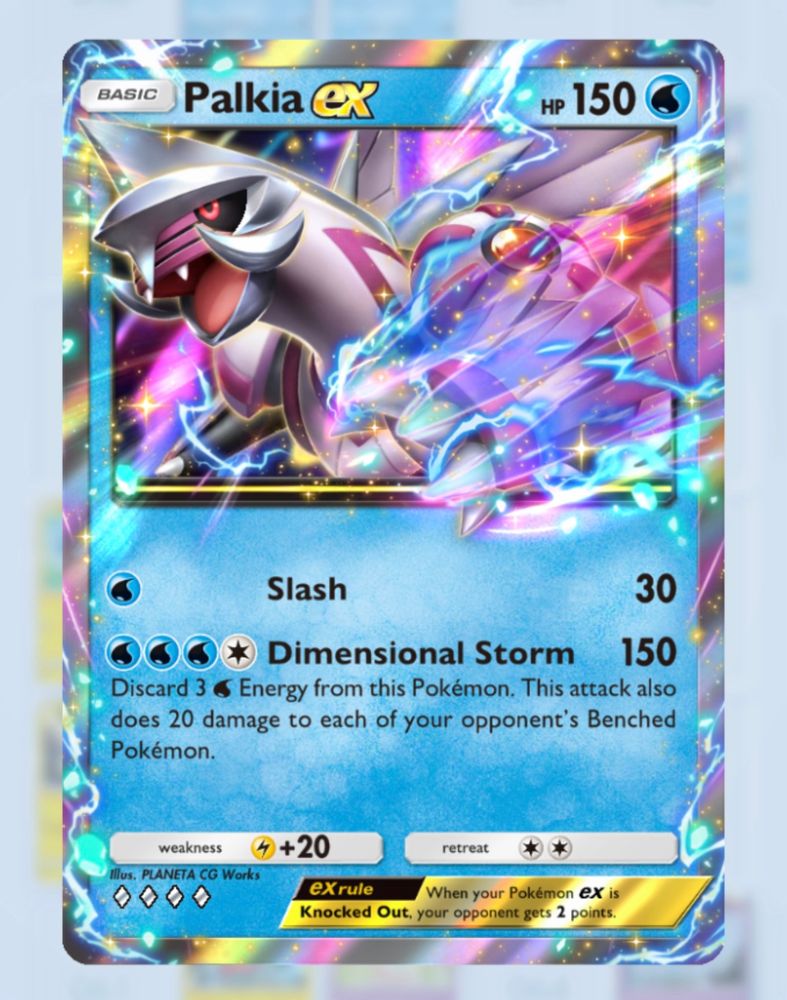 Palkia EX card shows the pokemon rushing forward seemingly out of the card in a punching attack