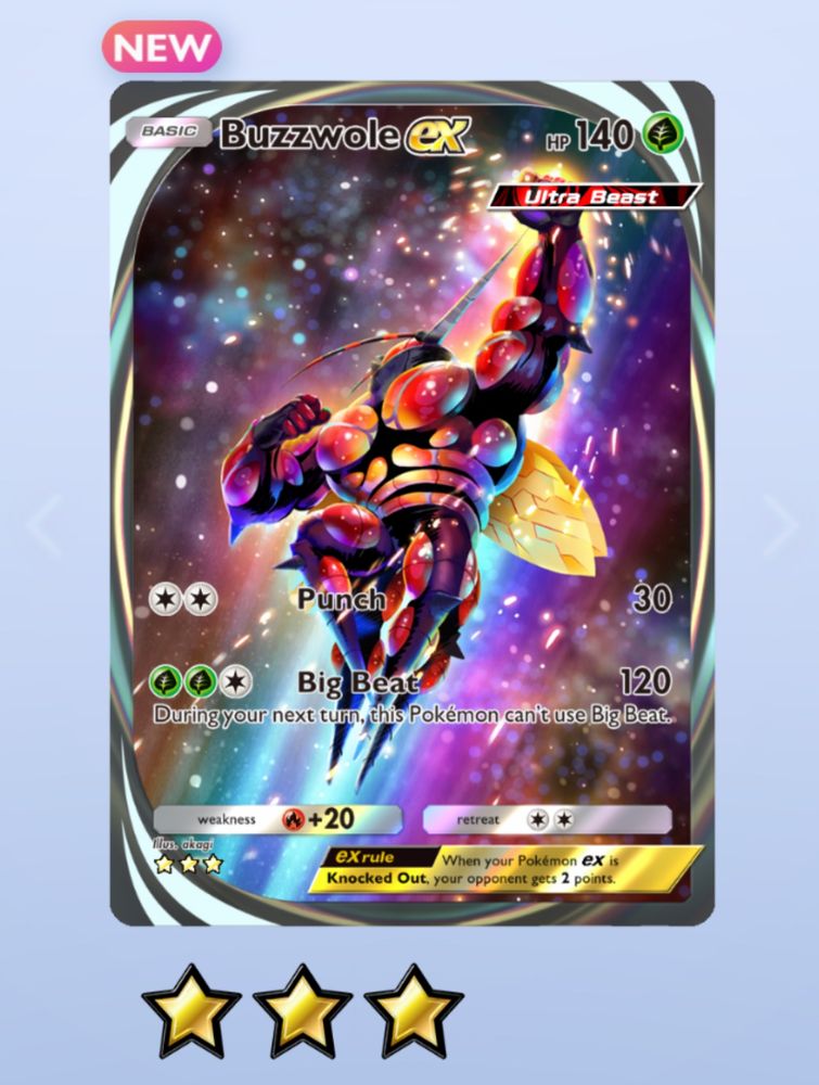 Buzzwole ex Pokemon card. Buzzwole is almost glowing as it flies through space