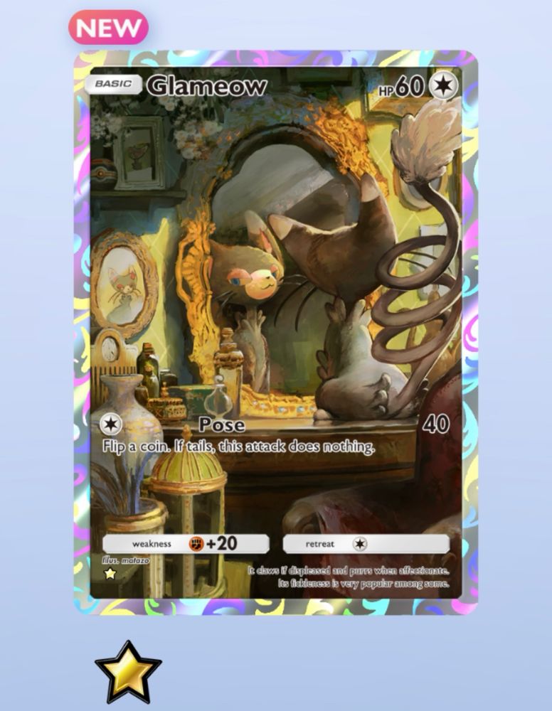 Glameow card shows a pokemon cat with a swirly tail lookin in a vanity mirror