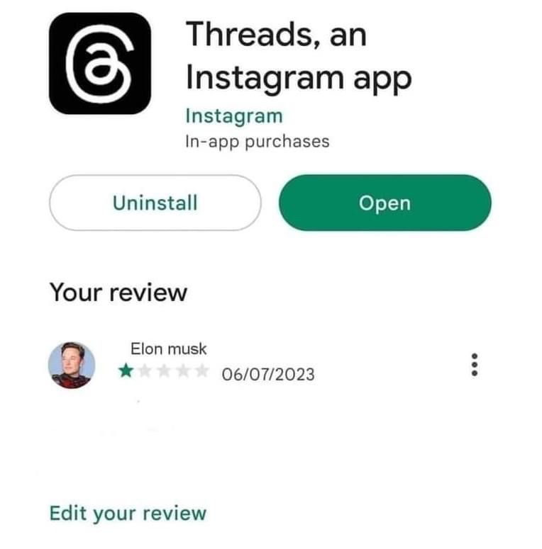 Elon giving a bad review to Threads.