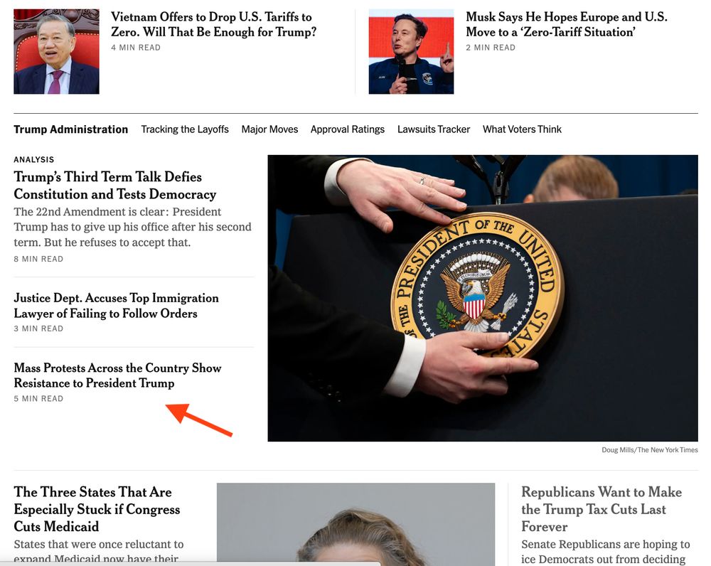 Scroll of nytimes.com showing small tepid headline about mass protests