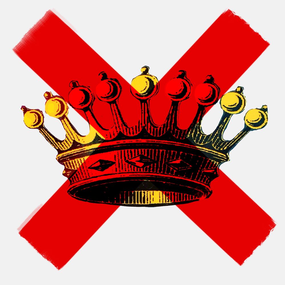 Drawing of a crown with a red X through it. Image is by Meg Maker.
