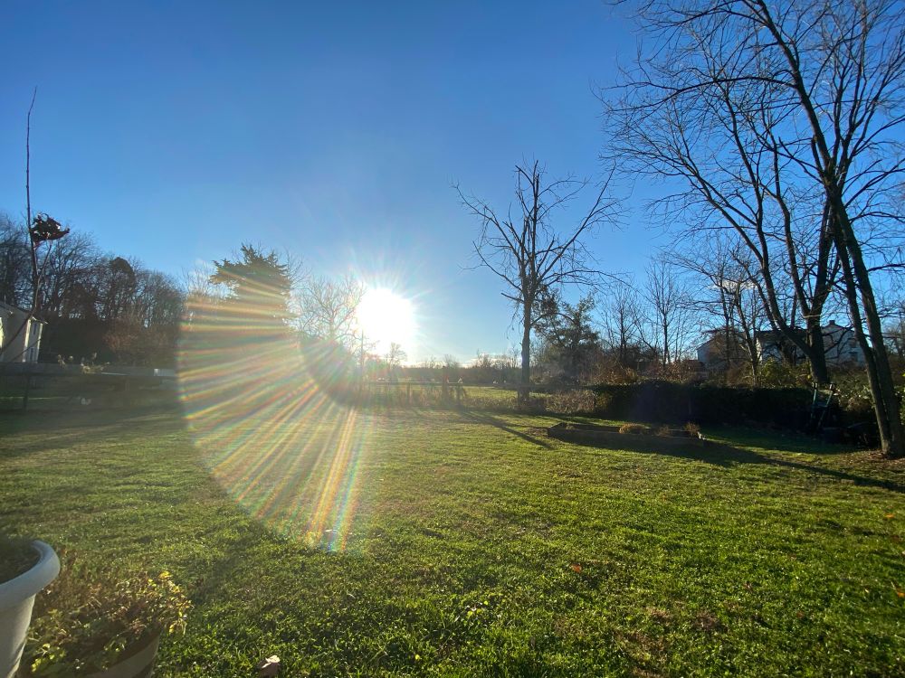 A picture of the bright morning sunlight making a radial rainbow sun dog in the camera lens