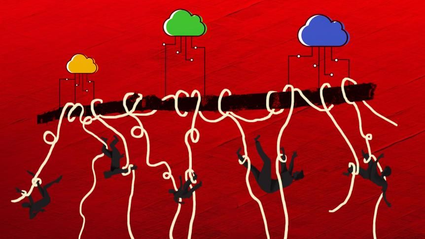A surreal, cartoonish illustration depicts a group of silhouetted figures dangling from nooses. The nooses are attached to thick ropes which are in turn connected to three distinct, colored clouds (yellow, green, blue) each emitting a network of white circuits. The background is a stark, blood-red color. Author: Paru Ramesh

