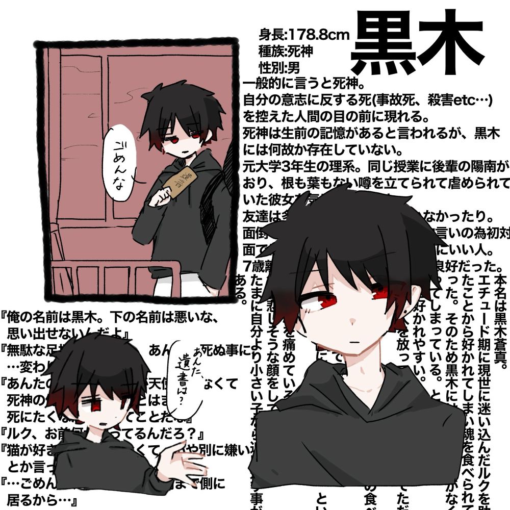 一般的に言うと死神。
自分の意志に反する死(事故死、殺害etc…)を控えた人間の目の前に現れる。
死神は生前の記憶があると言われるが、黒木
には何故か存在していない。
元大学3年生の理系。同じ授業に後輩の陽南がおり、根も葉もない噂を立てられて虐められていた彼女を気にかけていた。
友達は多い方。彼女もいたりいなかったり。
面倒くさがりでぶっきらぼうな物言いの為初対面では悪印象を与えがちだが普通にいい人。
7歳離れた妹がおり、兄弟関係は良好だった。

本名は黒木蒼真。
エチュード期に現世に迷い込んだルクを助けたことから好かれてしまい魂を食べられてしまった。そのため黒木には前世の記憶がなくなってしまっている。
とんだ被害者。
猫に好かれやすい。猫派。
困った人を放っておけない。苦労性でただのツンデレ。
元は人間のためルクとは違い人間界の食べ物は
食べることができる。辛党。
人間の死に際に聞く『死にたくない』という言葉に酷く心を痛めている。
毎度悲しそうな顔をしている。
たまに自分より小さい子なら追い返す事がある。