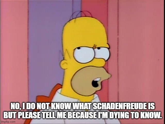 Homer Simpson: No, I don't know what "shaden-frawde" is.
[sarcastic]
Homer Simpson: Please tell me, because I'm dying to know.