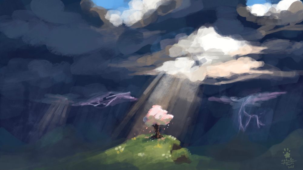 painting of a storm with the clouds parting to beam a ray of light onto a single cherry blossom tree