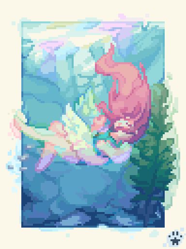 character Sariel by quancoda! a watercolor piece emulated with pixelart of the character floating underwater