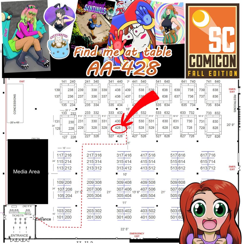 Table layout image for SC Comicon Fall Edition with table 428 pointed out. Some of Christine's art is all around it.