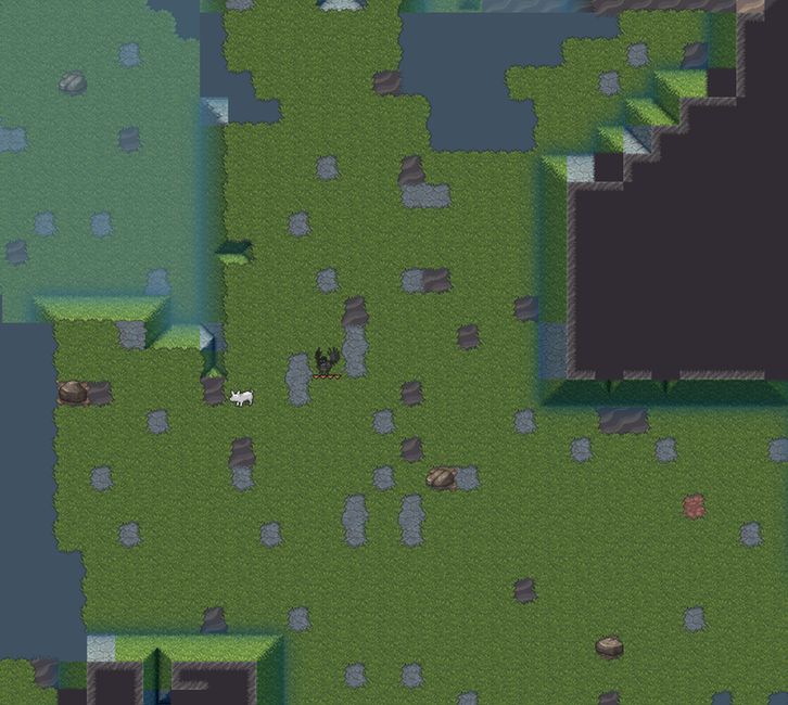 A screenshot from Dwarf Fortress Adventure mode with sprite graphics. A crowperson and their pet pig stand in a field.