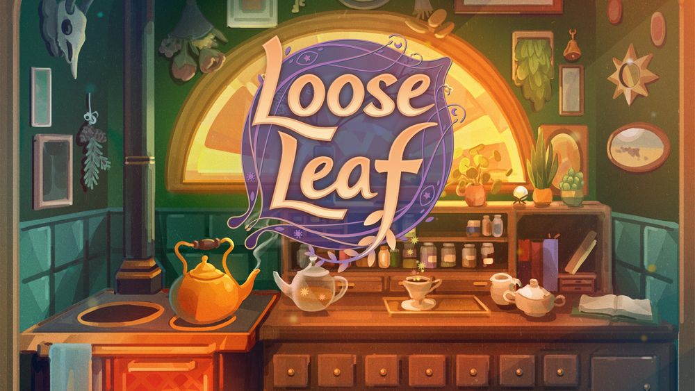 The Loose Leaf logo overlaid on an image of a witch's tea counter with a stove, teapots, magical ingredients and a large half-moon window emitting orange light.