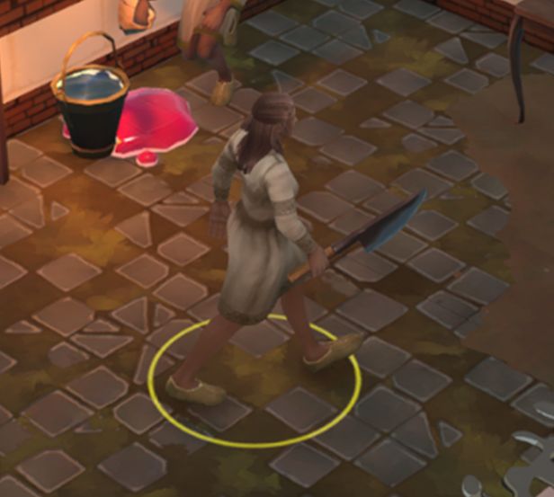 Screenshot from Streets of Fortuna. The female player character walks to the right holding a giant knife in her hand. A pale of water is next to pink goo.