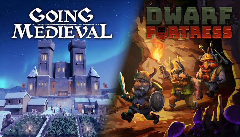 Going Medieval and Dwarf Fortress cover arts.