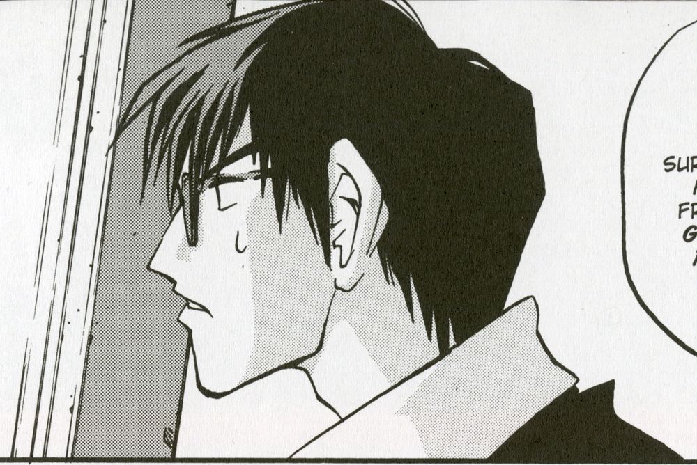 wolfwood's beautiful profile as he looks out the gondola window on their way to home ship. from trimax omnibus vol. 1 ch. 12: HOME SWEET HOME (trimax tankōbon vol. 2 ch. 6)