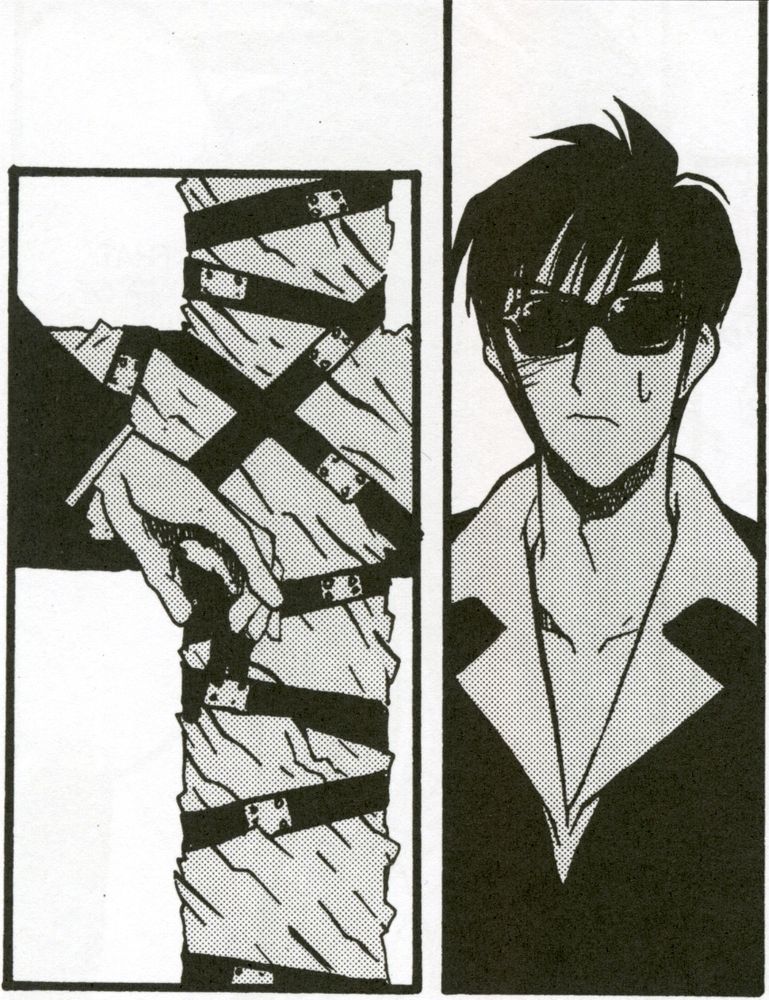 two panel spread: right panel is wolfwood with his collarbones on display, lovely swan neck showing off his delectable adams apple. he has a frowny mouth and is cutely sweating as he watches rai dei harass vash; left panel is his hand--pinky out--reaching to unbuckle the punisher. from trimax omnibus vol. 1 ch. 9: SAMURAI SHOWDOWN. (trimax tankōbon vol. 2 ch. 3)