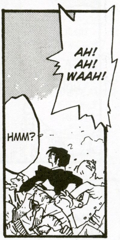 a small wolfwood. he's in a crowd of people who are yelling "Ah! Ah! Waah!" and running away in the opposite direction he's facing. he's looking around, mouth open and eyes wide, saying "Hmm?" with an expression of surprise and recognition as he spots vash in the chaotic crowd. he is very tiny and he's got his arms out and shoulders all hunched up making his suit pointy and terribly cute while somehow still retaining softness as a whole. he is reminiscent of a gummy candy; a very chewable wolfwood. 