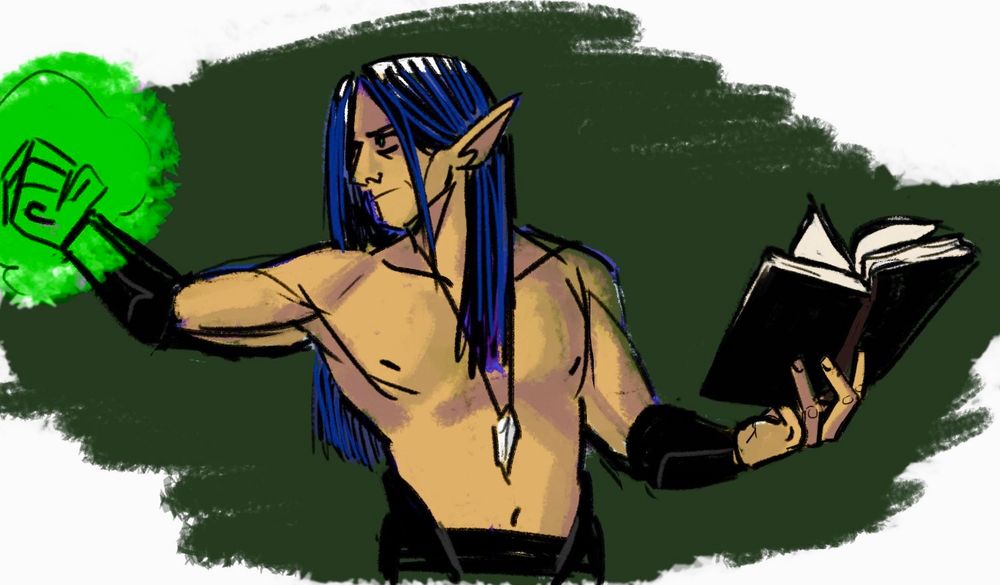 ysuran casting spells. one hand holds his spell book open and the other emanates a green aura 