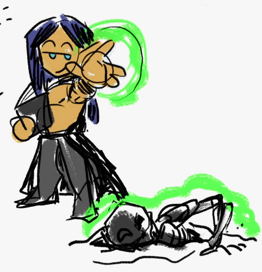 a chibi ysuran summoning an undead ally. the skeleton is pulling itself out of the ground