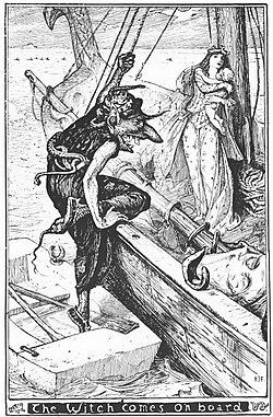 "The Witch comes on board", from "The Witch in the Stone Boat".
Illustraton by H. J. Ford,The Yellow Fairy Book (1894)