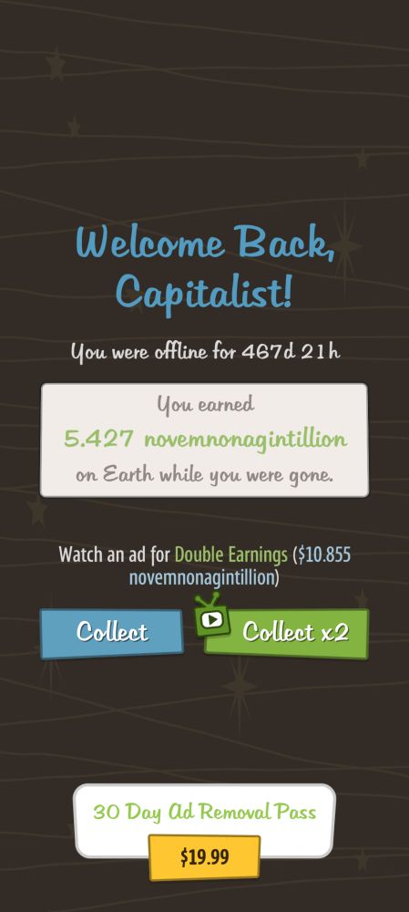 Adventure Capitalist screenshot with 5.4 novemnonogintillion dollars
