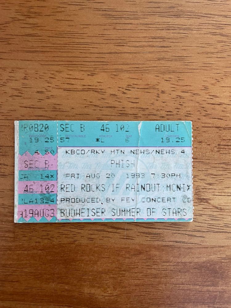 Phish ticket stub from my first Red Rocks show on 8/20/1993