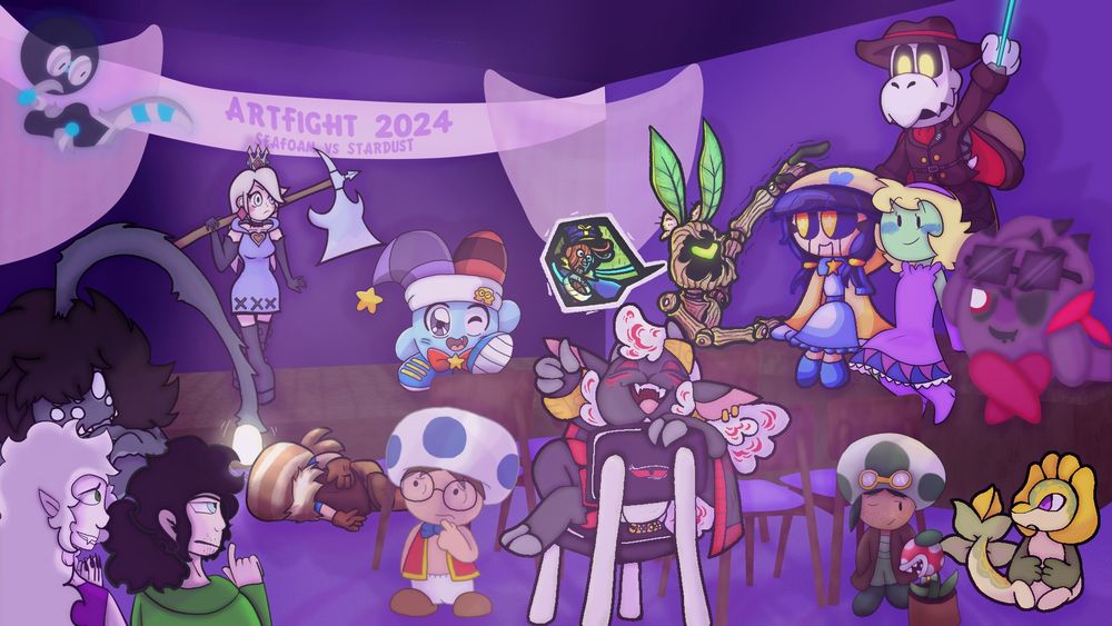 A collab piece with 16 characters in a purple colored room with dark wooden furniture. A Banner is above the stage that reads "Artfight 2024 Seafoam vs Stardust." Two characters are on stage, three sitting on the side counter, one leaning on the counter to point out another character who is hanging from the ceiling. Seven characters are spread across the floor, with two laying, one sitting, and the rest standing. The last character is sitting on a chair.
