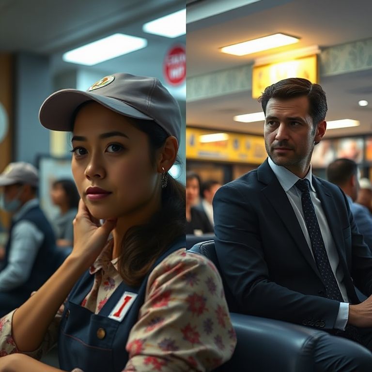 A diptych image. On the left, a slightly overexposed photo of a person with tired eyes in a standard work uniform at a fast-food or retail setting. Lighting is fluorescent and slightly harsh. On the right, a close-up portrait of a person in a business suit, appearing relaxed and confident in a luxurious office setting. The lighting is soft, warm, and professionally done, highlighting a sense of success.
