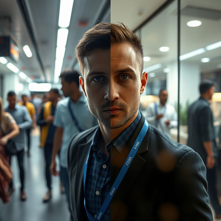 A stark split-screen image. On one side, a slightly blurry photo of a diverse group of working-class people in a busy urban environment, perhaps a street corner or public transportation during rush hour. On the other side, a closesup of a man in a sharply focused, well-lit photo of a modern, minimalist office with glass walls. Focus on conveying a visual contrast in energy and resources. Lighting should be bright and professional, but with different color temperatures: one warmer, one ((cooler)).