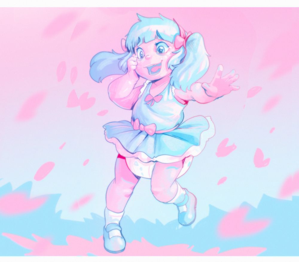 Clyde fully regressed and transitioned into Claudia, with tears of happiness, wearing a cute dress and an even cuter diaper on display