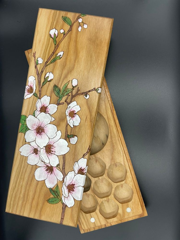 Cherry wood dice vault for 2 sets of 7 with a painted cherry blossom design