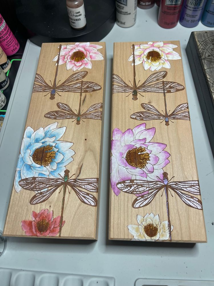 2 wood dice vaults with a waterlilies and dragonflies motif, inked and painted