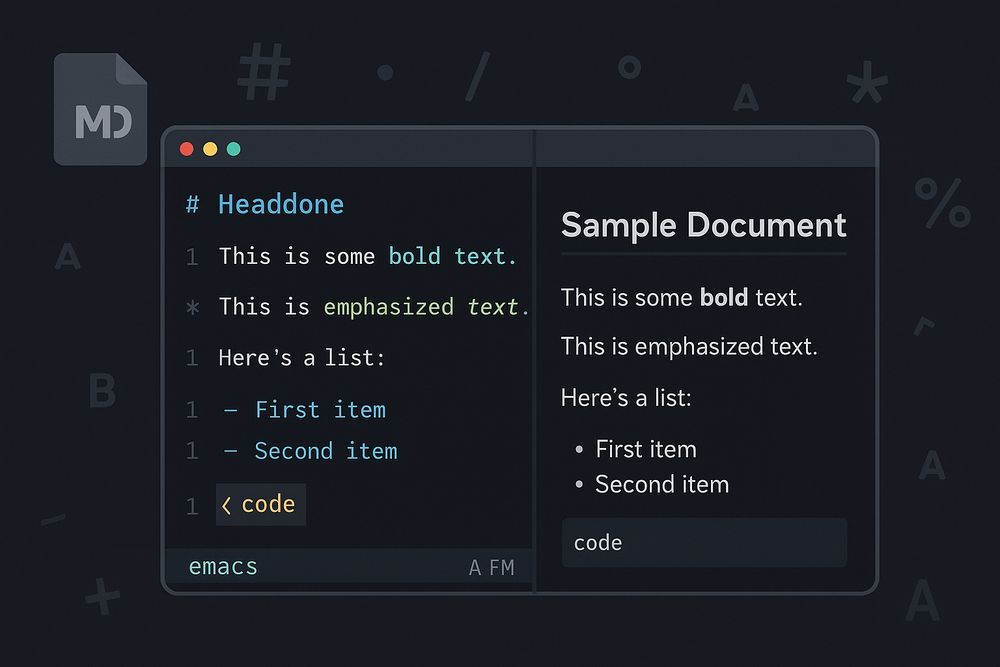 An AI-generated example screenshot of an Emacs-like editor editing a Markdown file. 
 
Today's #braingasm post explains how to make Emacs appear in macOS Finder’s “Open With” menu for .md files by manually associating file types using duti.