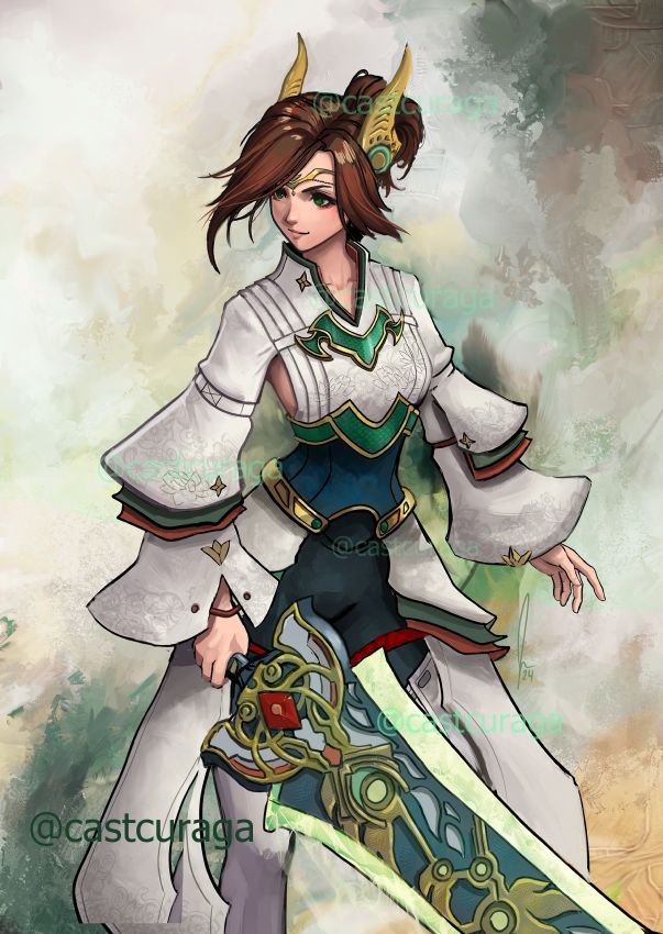 Illustration of the character Alexandria from Xenoblade Chronicles 3. She is in a standing pose with her giant great sword held down in front of her. She is looking off into the distance for her next foe. 