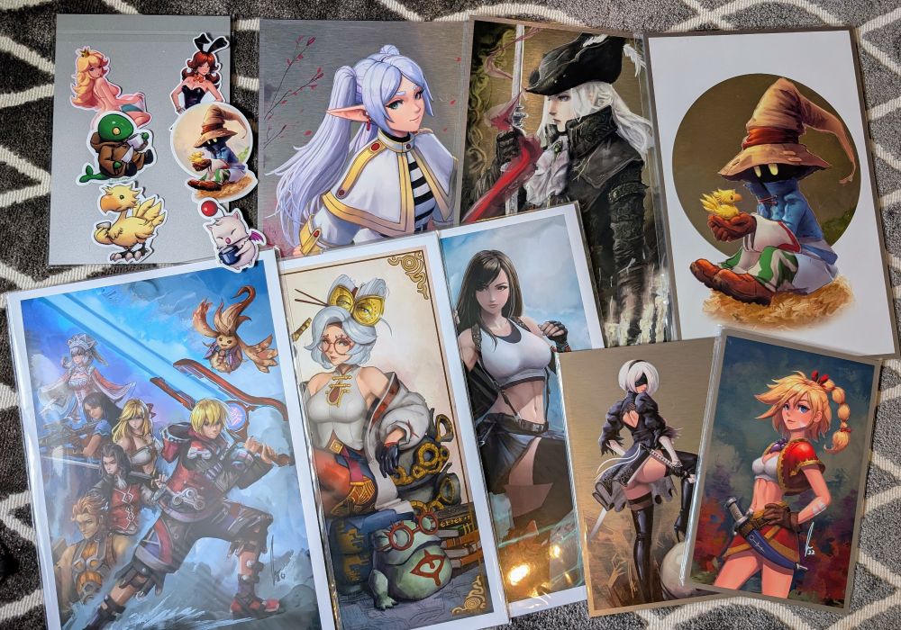 Photo collage of various prints, metal prints and stickers for shop sale