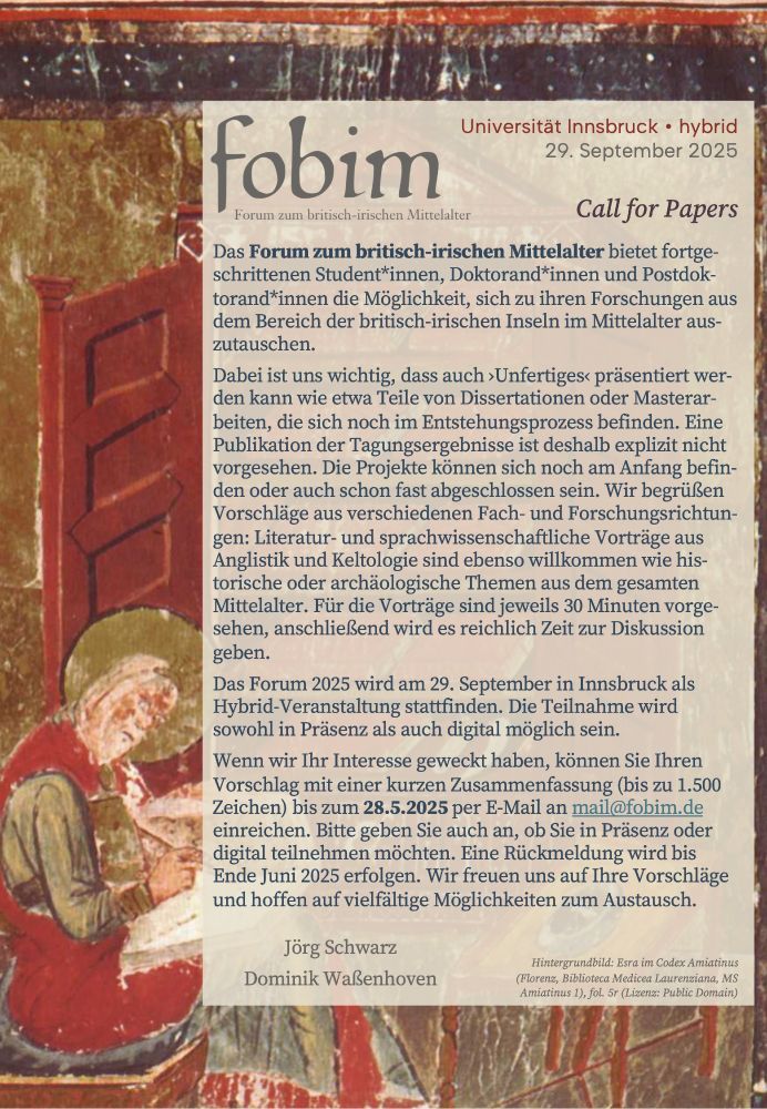 Abbildung des Call for Papers für das Forum zum britisch-irischen Mittelalter, das am 29.9.2025 in Innsbruck stattfinden wird.