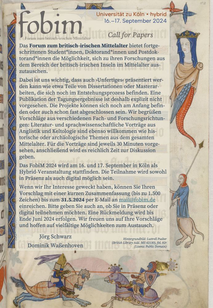 Das Forum zum britisch-irischen Mittelalter bietet fortgeschrittenen Student*innen, Doktorand*innen und Postdoktorand*innen die Möglichkeit, sich zu ihren Forschungen aus dem Bereich der britisch-irischen Inseln im Mittelalter auszutauschen. Weitere Informationen finden sich auf der im Post verlinkten Webseite.