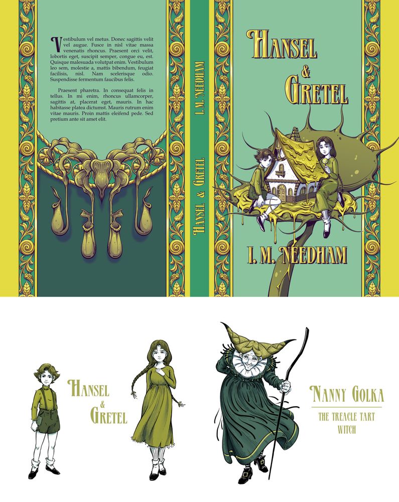 On the top, there’s a cover design for a personal project, a retelling of Hansel & Gretel. The color palette is primarily greens and yellows.

On the bottom, there’s the character designs for the children and the witch.